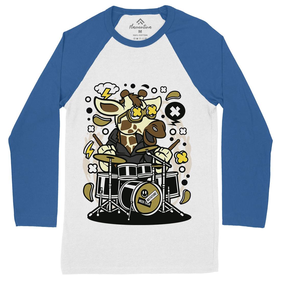 Giraffe Drummer Mens Long Sleeve Baseball T-Shirt Music C552