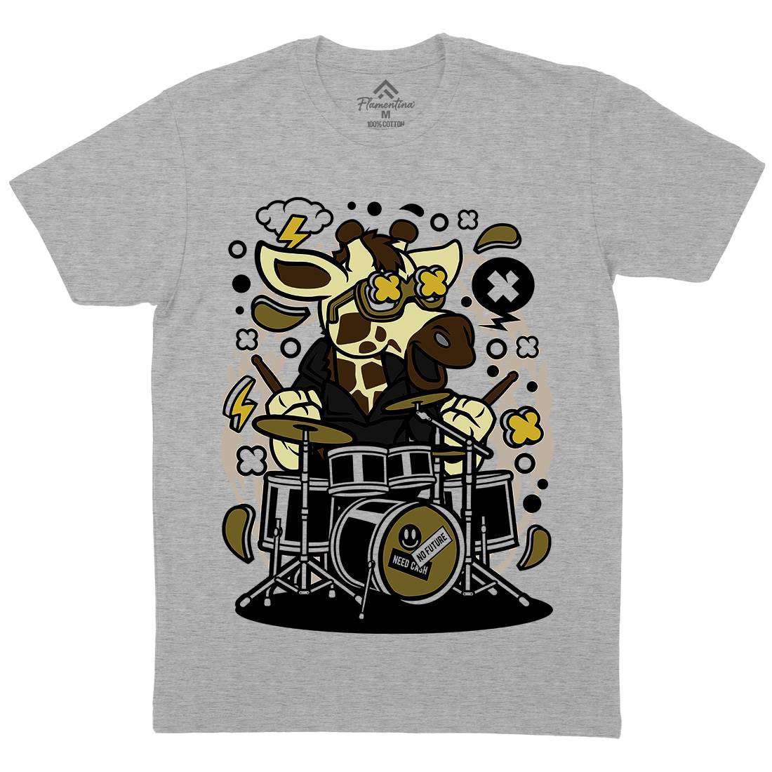 Giraffe Drummer Mens Organic Crew Neck T-Shirt Music C552