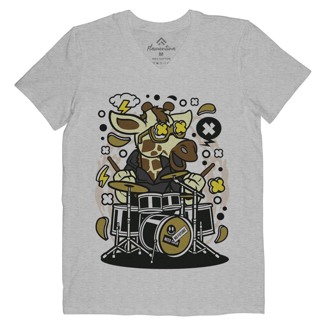 Giraffe Drummer Mens Organic V-Neck T-Shirt Music C552