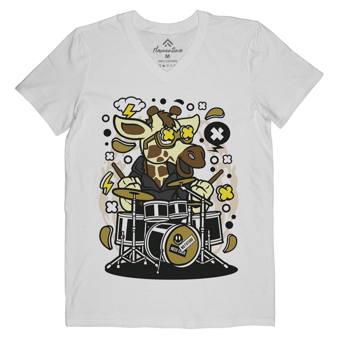 Giraffe Drummer Mens Organic V-Neck T-Shirt Music C552