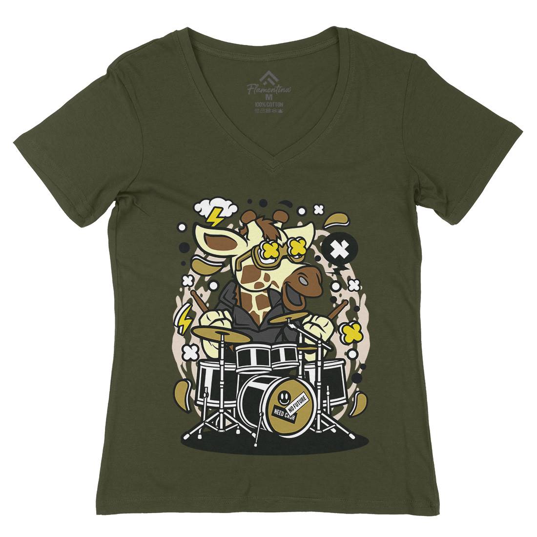 Giraffe Drummer Womens Organic V-Neck T-Shirt Music C552