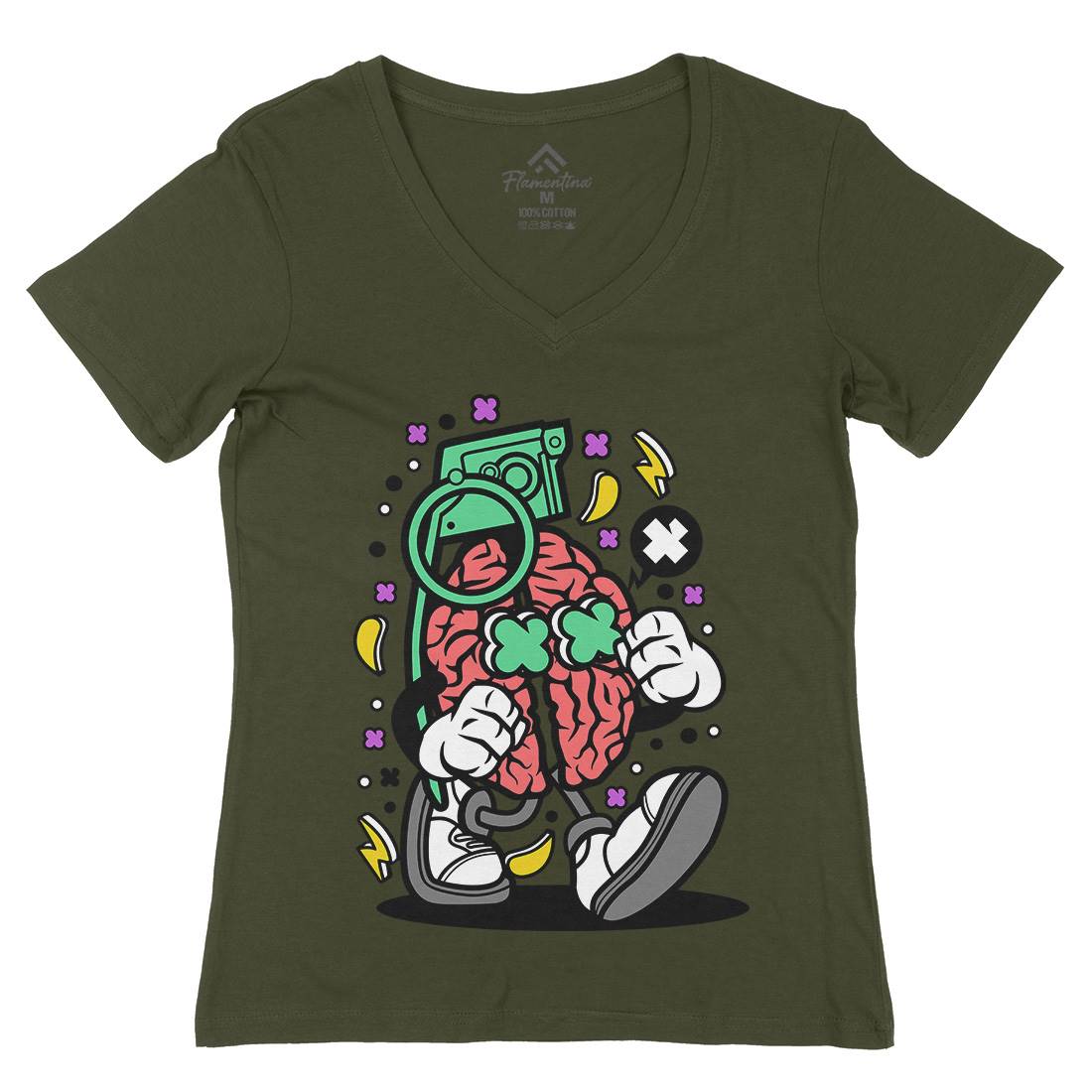 Grenade Brain Womens Organic V-Neck T-Shirt Army C555