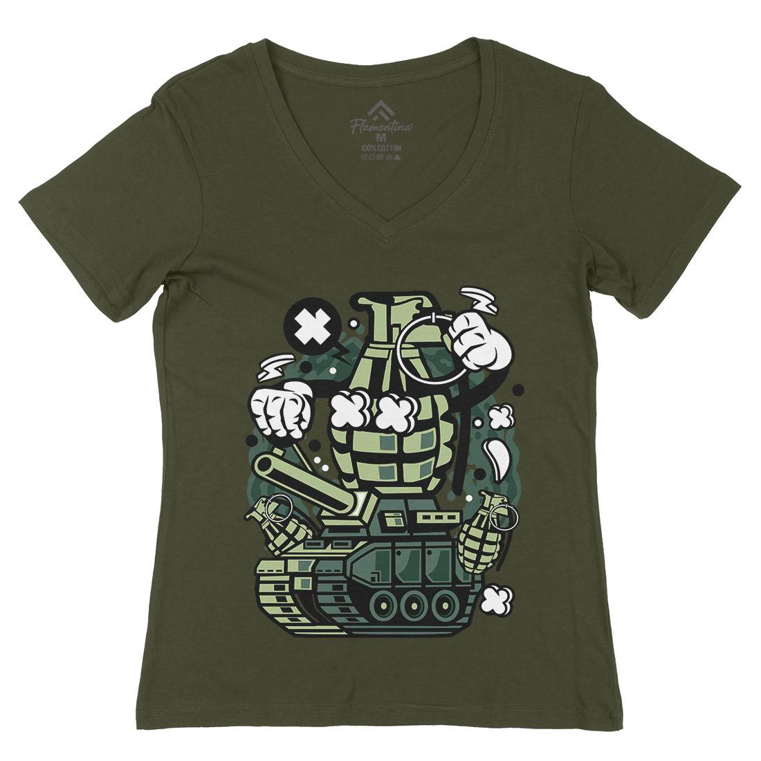Grenade War Tank Womens Organic V-Neck T-Shirt Army C556