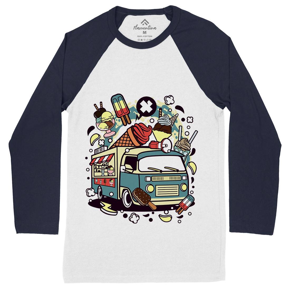Ice Cream Van Mens Long Sleeve Baseball T-Shirt Food C569