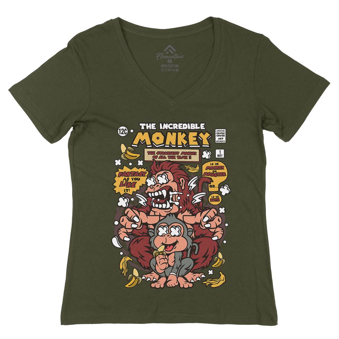 Incredible Monkey Womens Organic V-Neck T-Shirt Animals C570