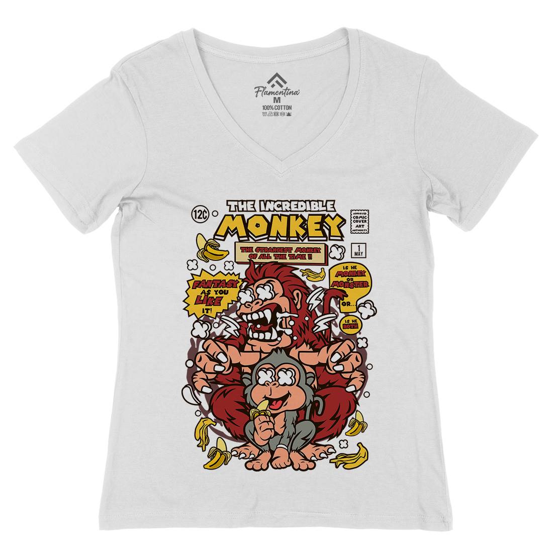 Incredible Monkey Womens Organic V-Neck T-Shirt Animals C570