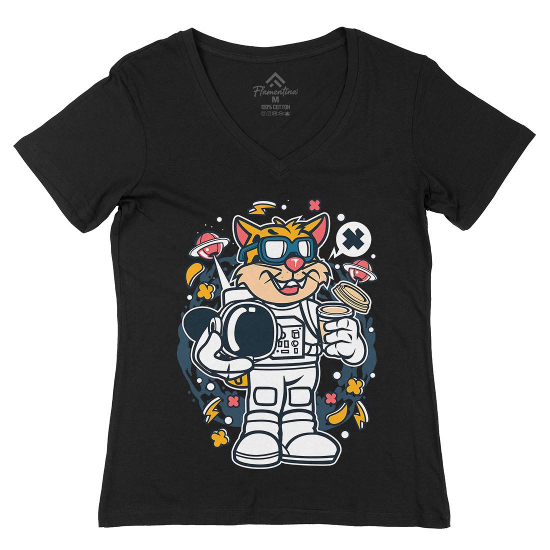 Leopard Astronaut Womens Organic V-Neck T-Shirt Space C577