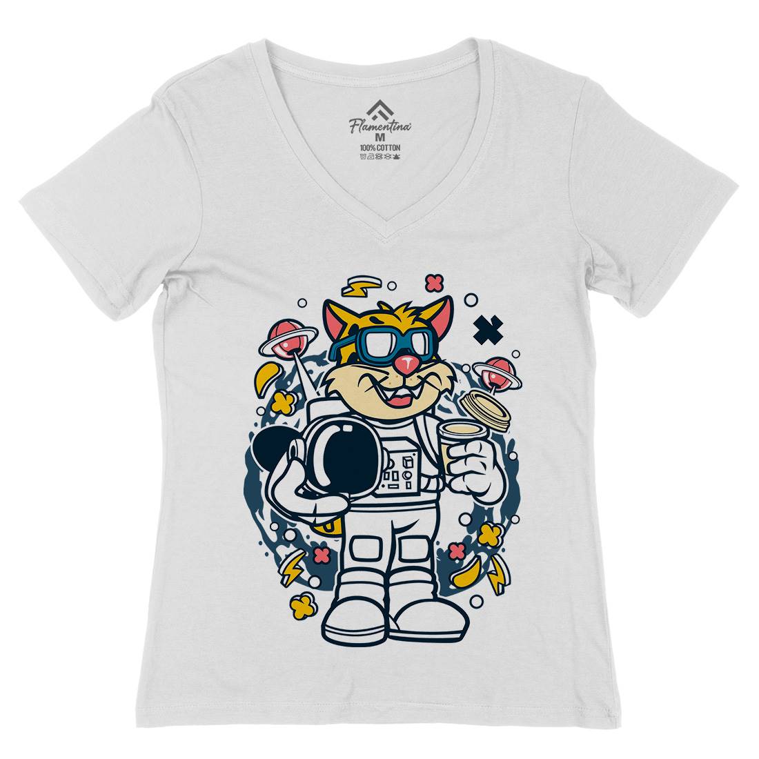 Leopard Astronaut Womens Organic V-Neck T-Shirt Space C577