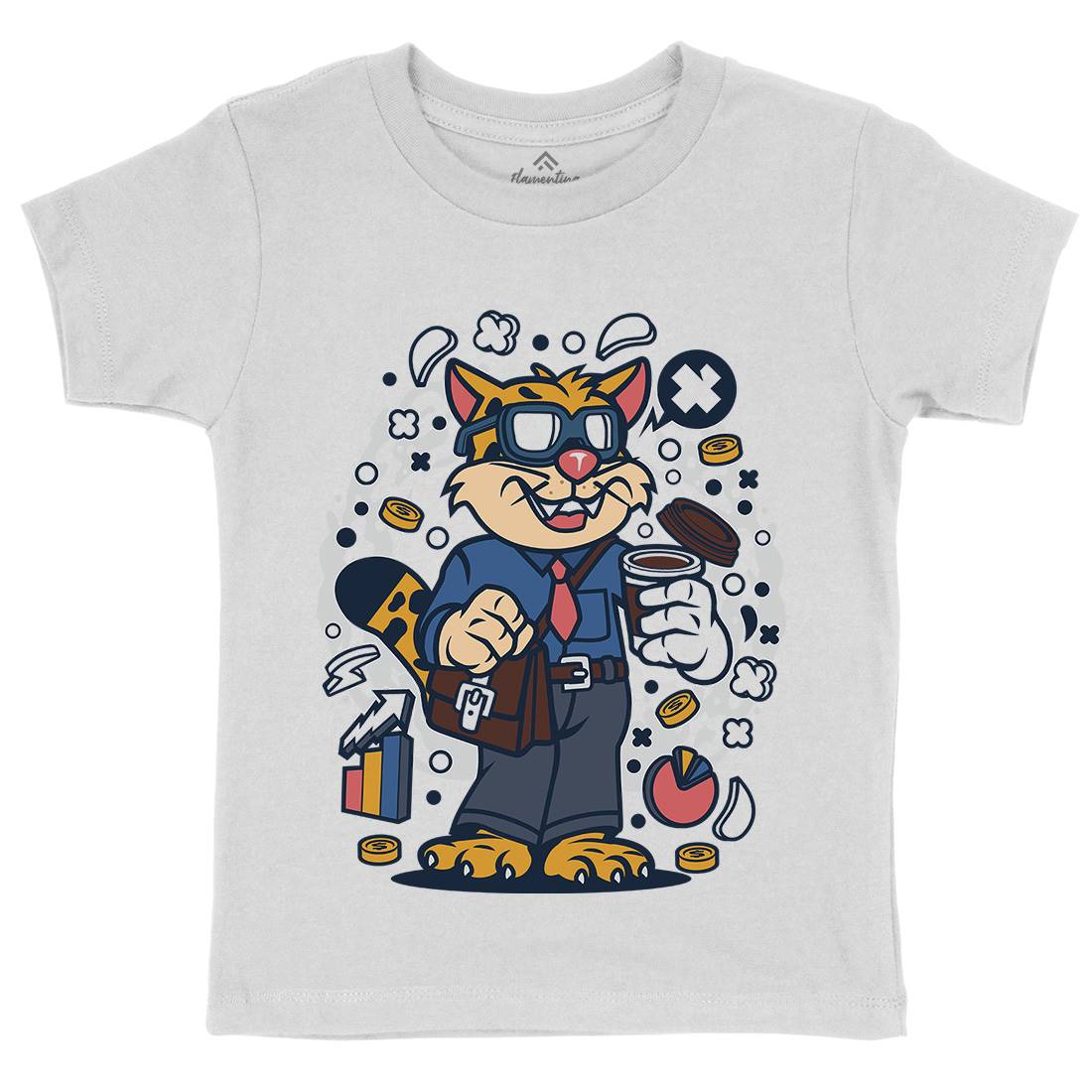Leopard Businessman Kids Crew Neck T-Shirt Work C578