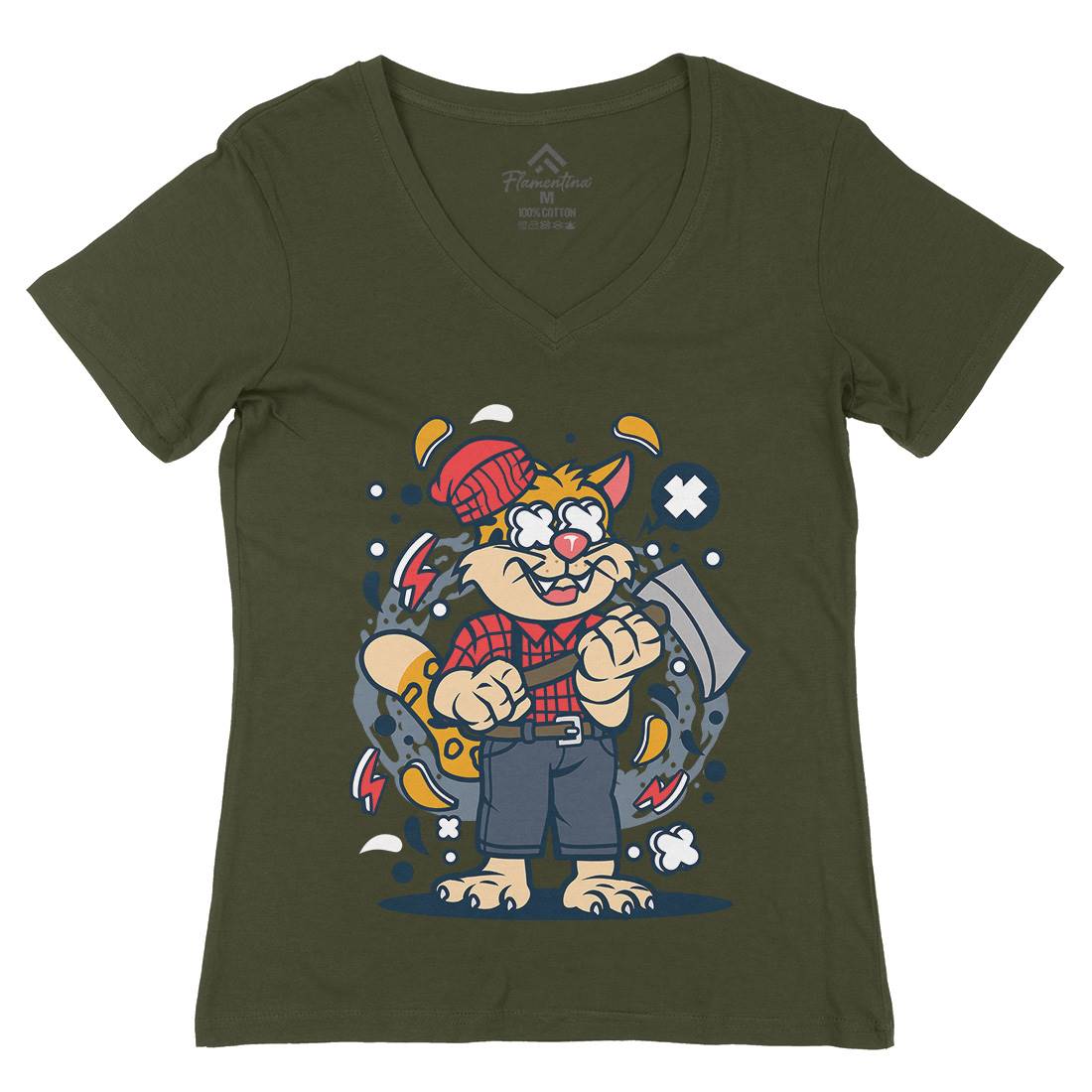 Leopard Lumberjack Womens Organic V-Neck T-Shirt Work C580