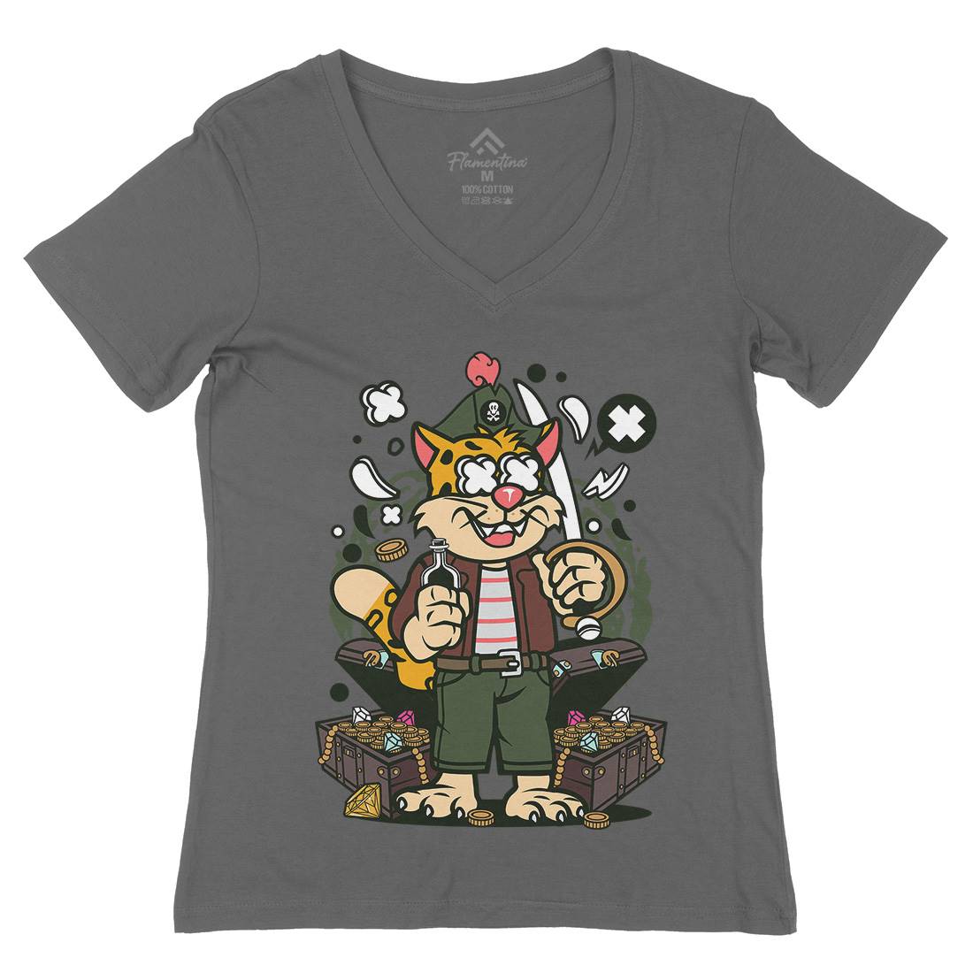 Leopard Pirate Womens Organic V-Neck T-Shirt Navy C582