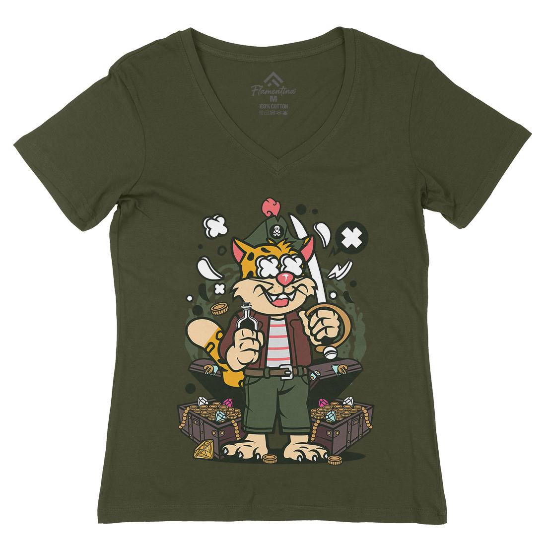 Leopard Pirate Womens Organic V-Neck T-Shirt Navy C582