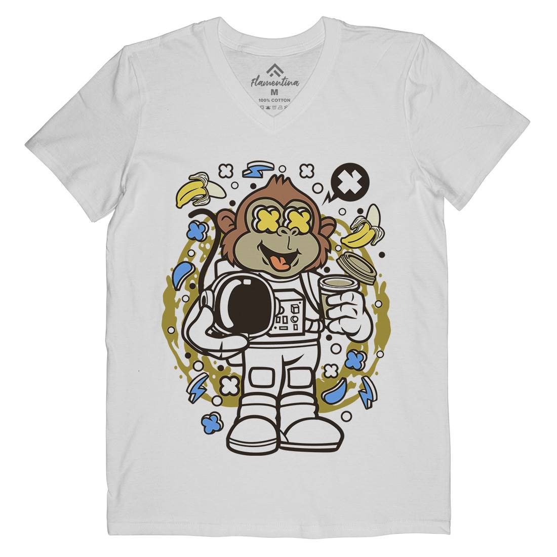 Monkey Astronaut Mens Organic V-Neck T-Shirt Space C586