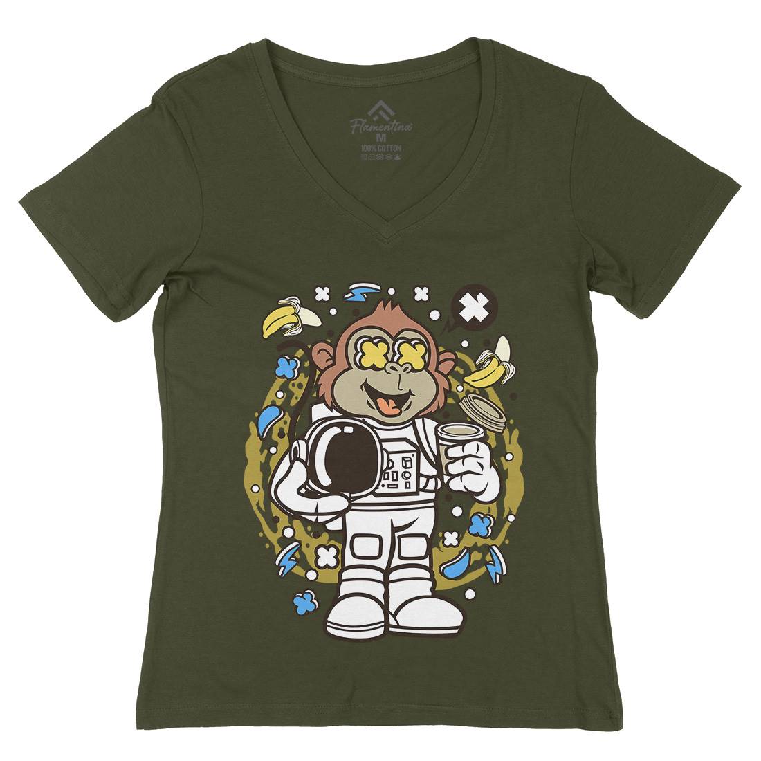 Monkey Astronaut Womens Organic V-Neck T-Shirt Space C586