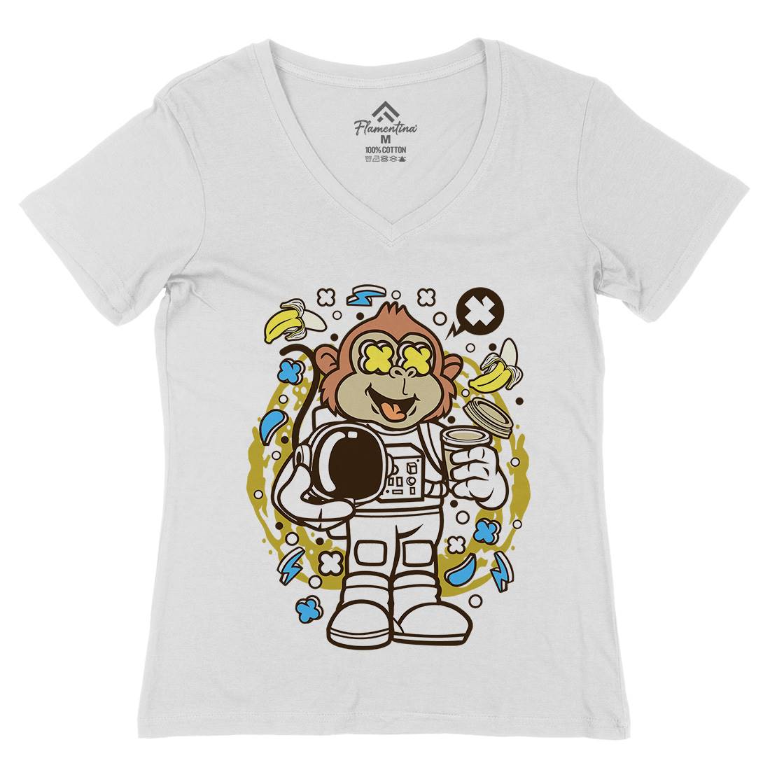 Monkey Astronaut Womens Organic V-Neck T-Shirt Space C586