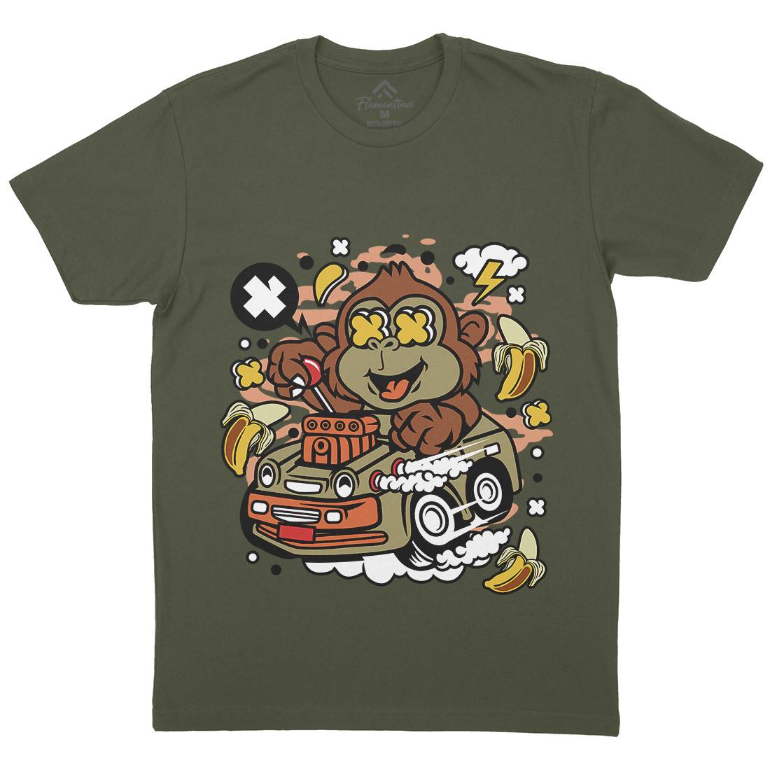 Monkey Hotrod Mens Organic Crew Neck T-Shirt Cars C588