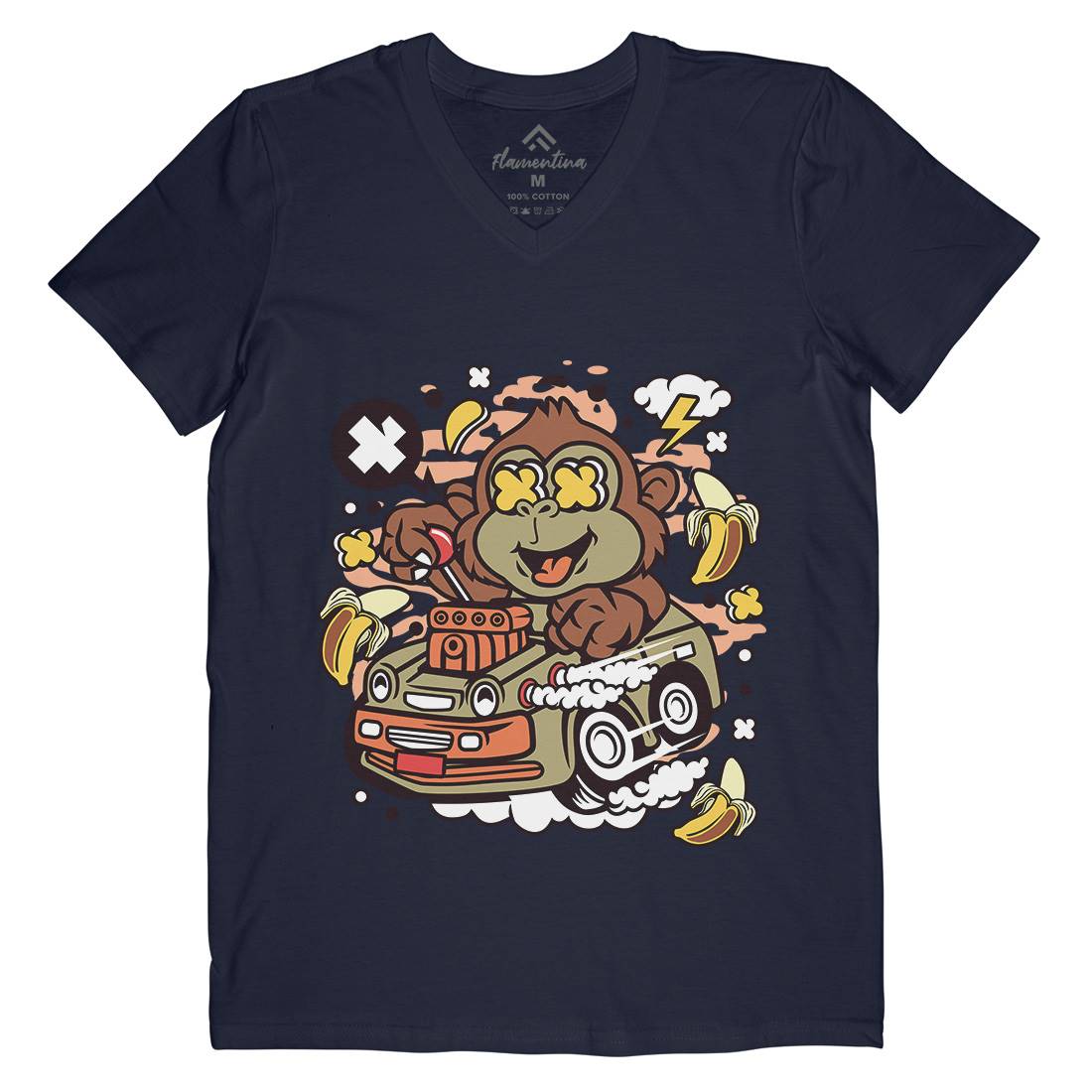 Monkey Hotrod Mens Organic V-Neck T-Shirt Cars C588