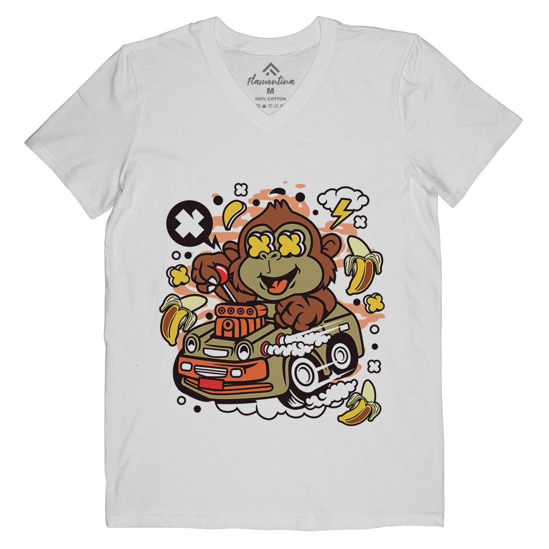Monkey Hotrod Mens Organic V-Neck T-Shirt Cars C588