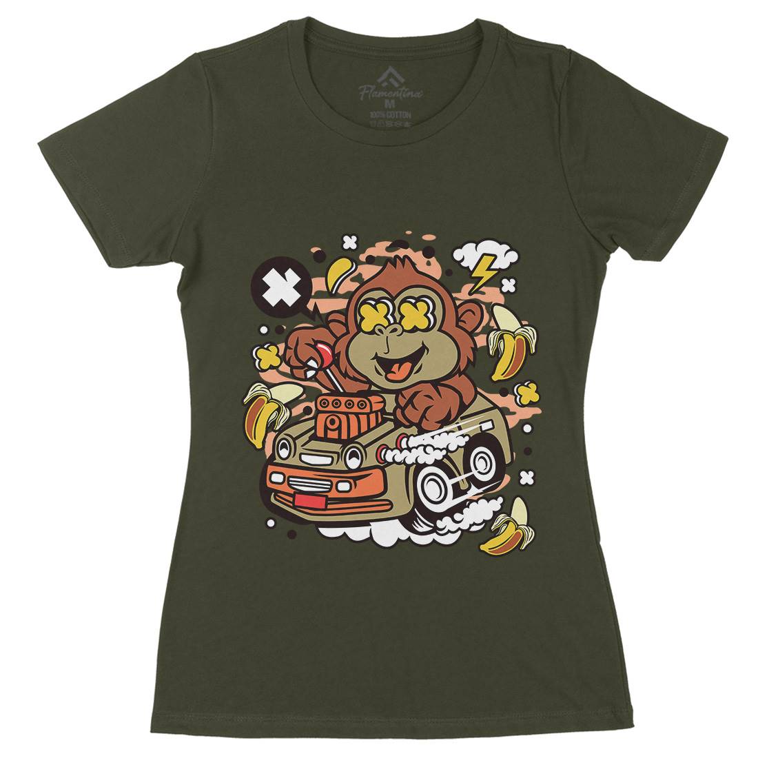 Monkey Hotrod Womens Organic Crew Neck T-Shirt Cars C588