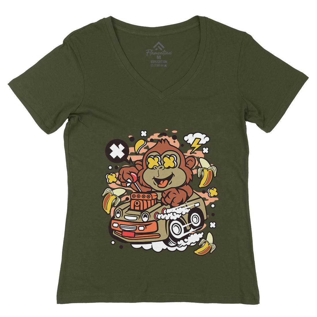 Monkey Hotrod Womens Organic V-Neck T-Shirt Cars C588