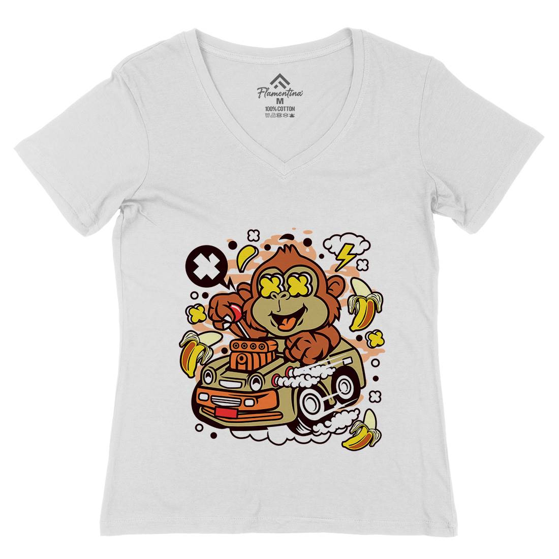 Monkey Hotrod Womens Organic V-Neck T-Shirt Cars C588