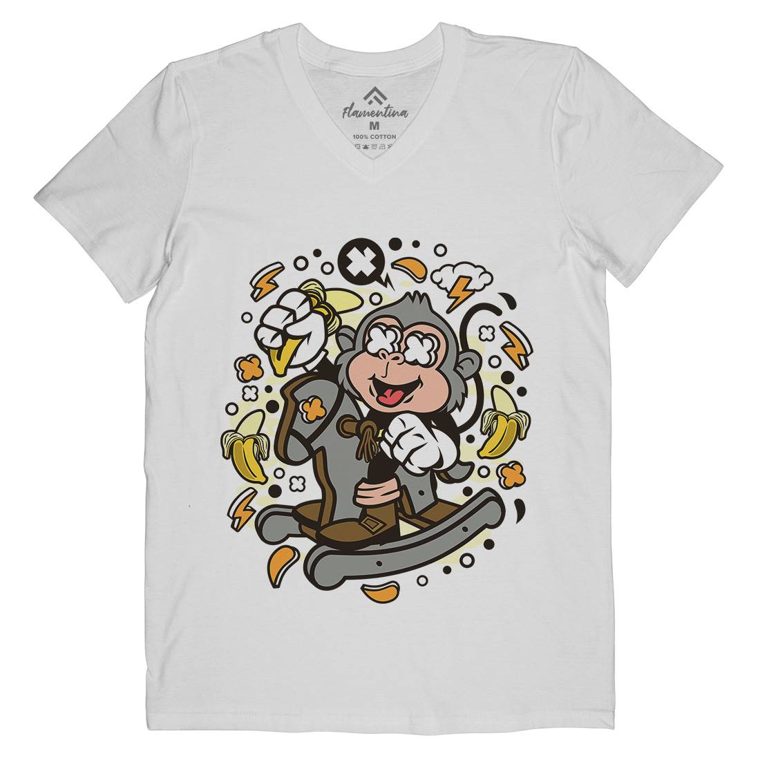 Monkey Rocking Horse Mens Organic V-Neck T-Shirt Retro C591