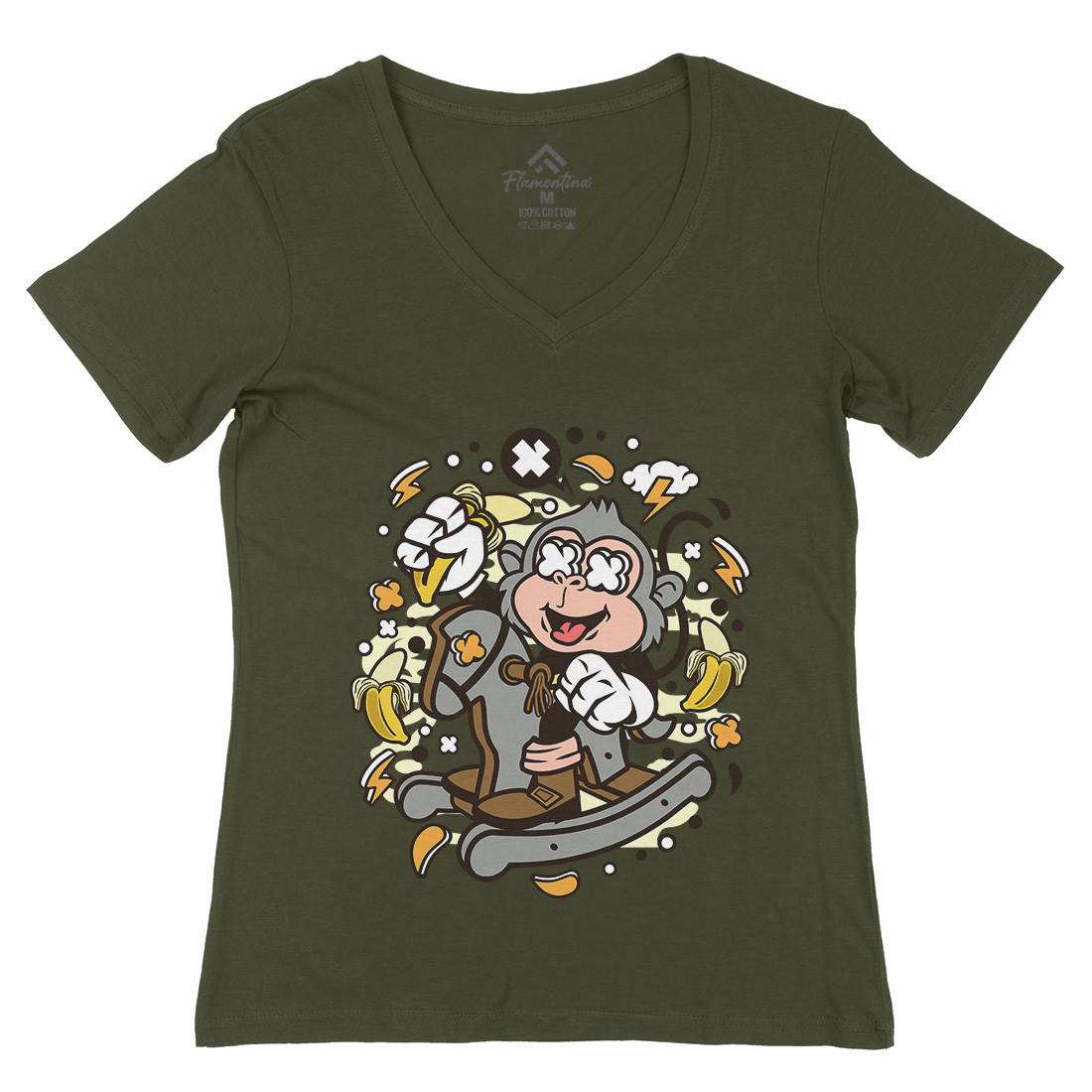 Monkey Rocking Horse Womens Organic V-Neck T-Shirt Retro C591