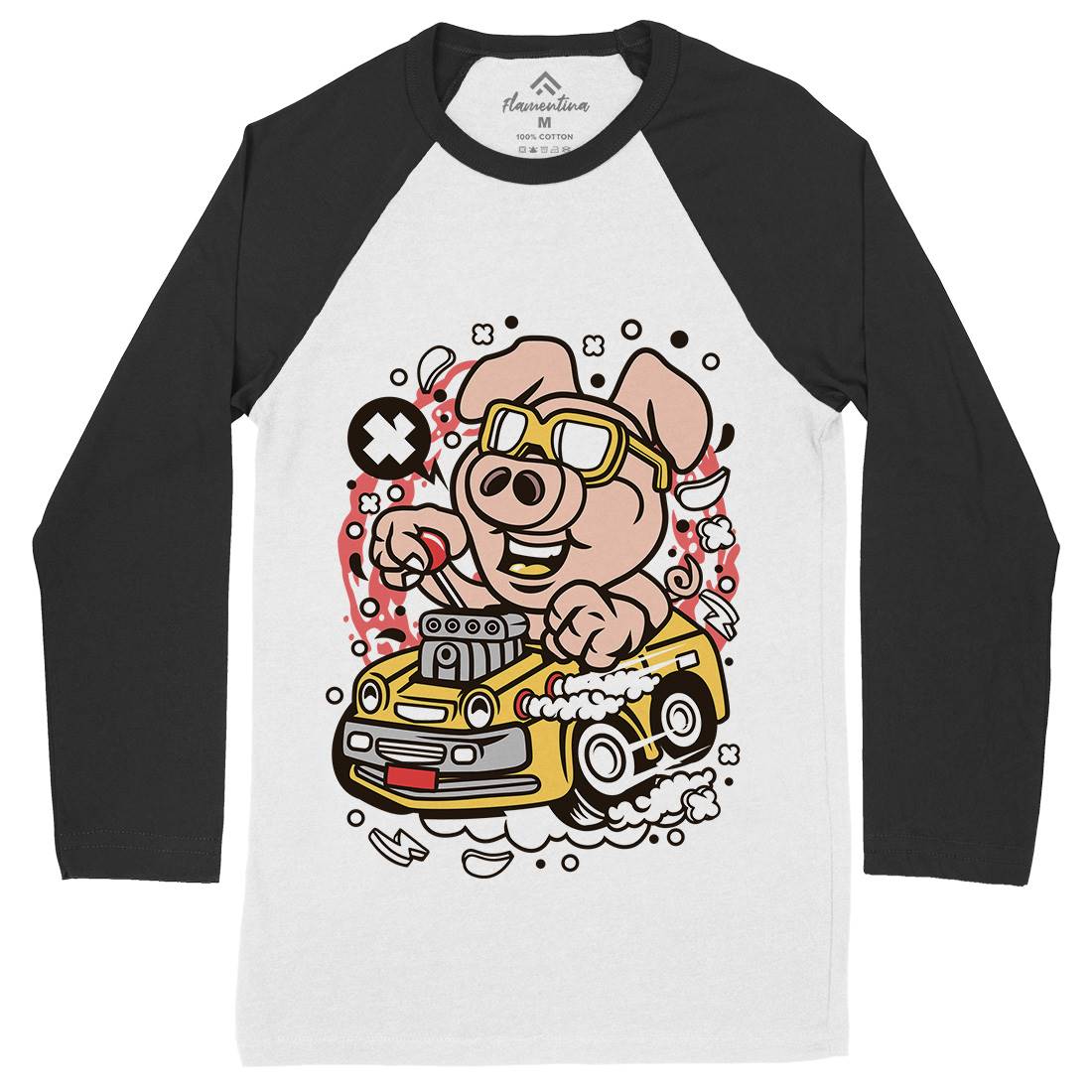 Oink Hotrod Mens Long Sleeve Baseball T-Shirt Cars C595