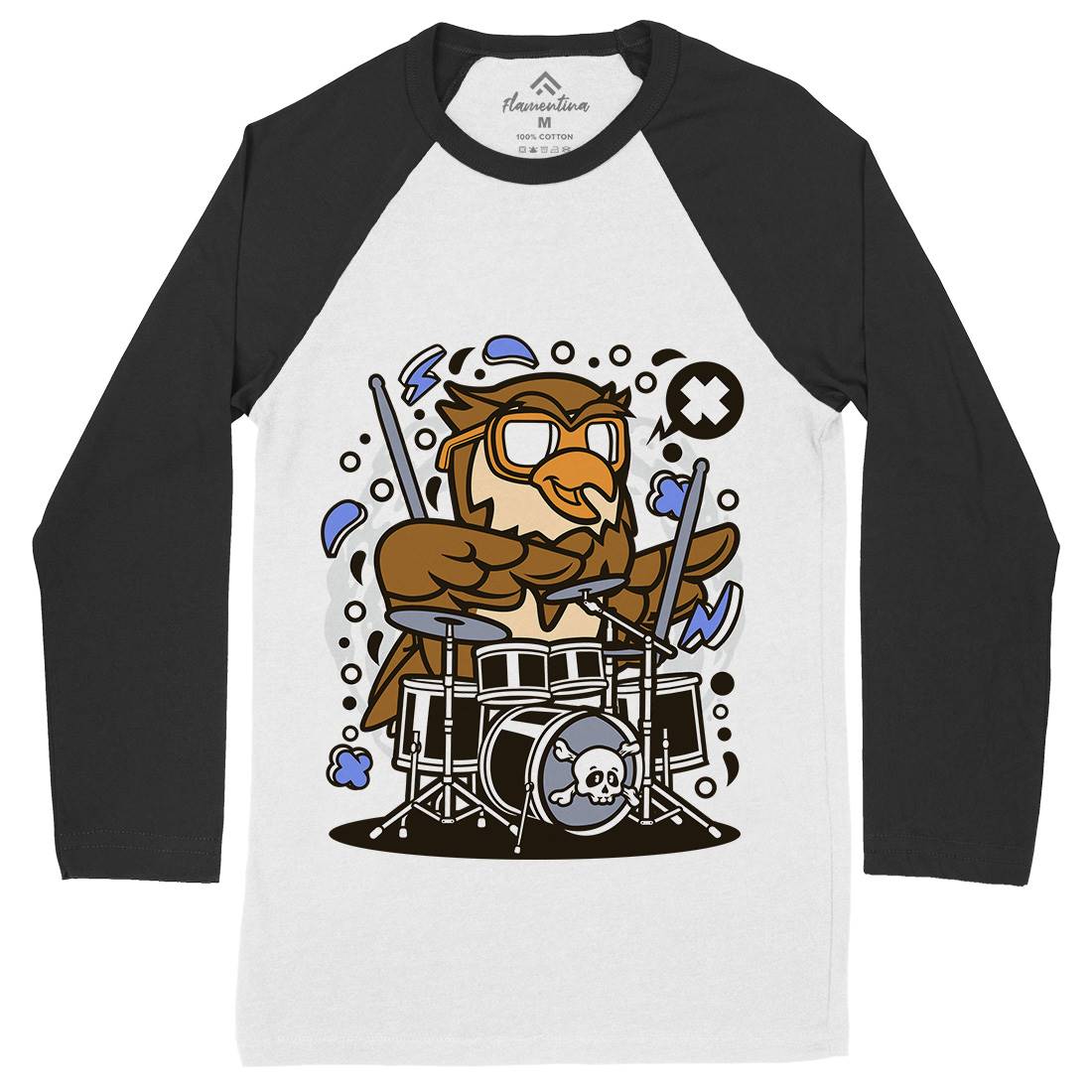 Owl Drummer Mens Long Sleeve Baseball T-Shirt Music C597