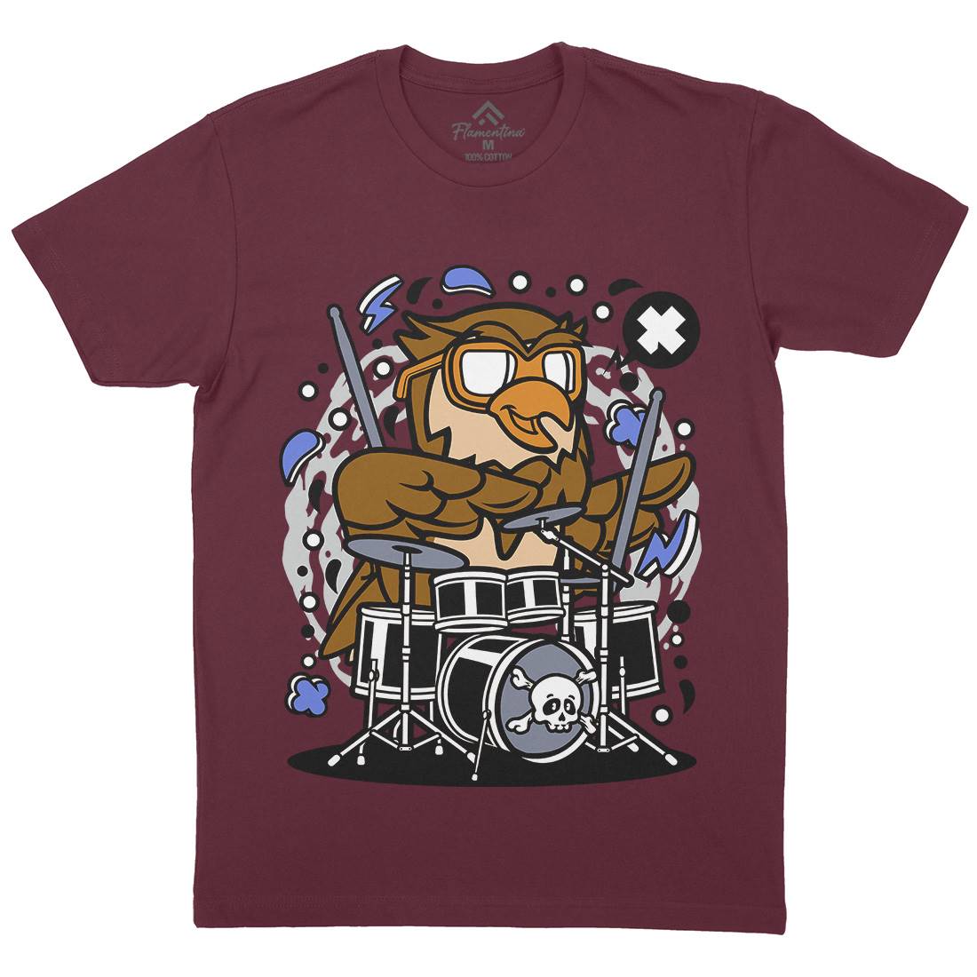 Owl Drummer Mens Organic Crew Neck T-Shirt Music C597