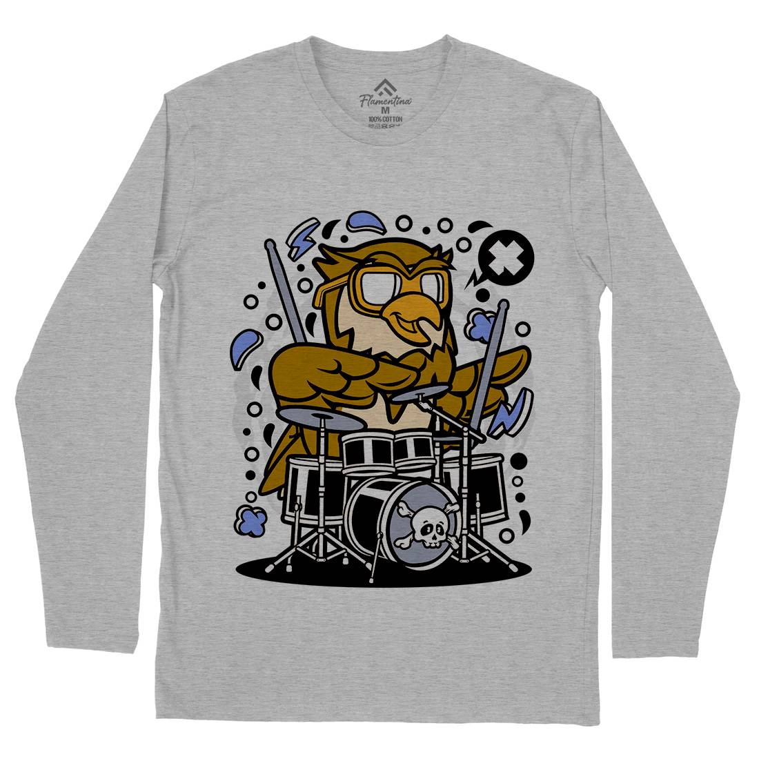 Owl Drummer Mens Long Sleeve T-Shirt Music C597