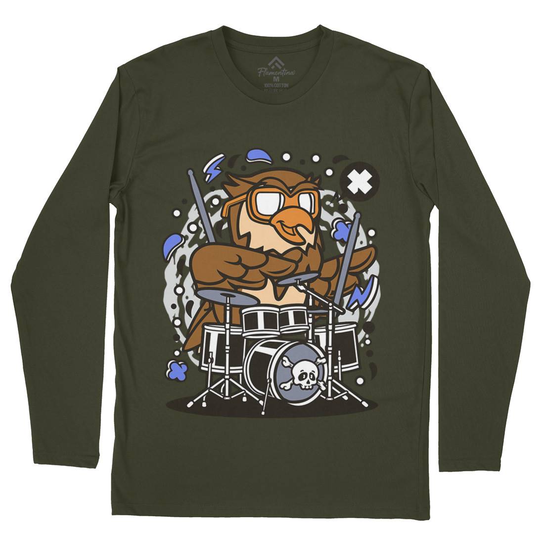 Owl Drummer Mens Long Sleeve T-Shirt Music C597