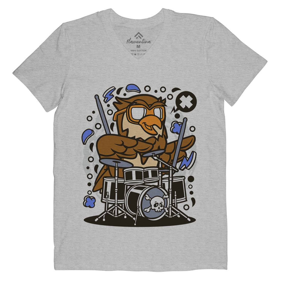 Owl Drummer Mens Organic V-Neck T-Shirt Music C597