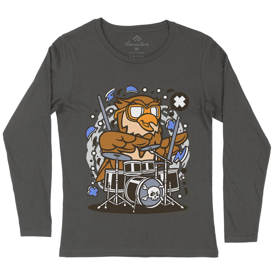 Owl Drummer Womens Long Sleeve T-Shirt Music C597