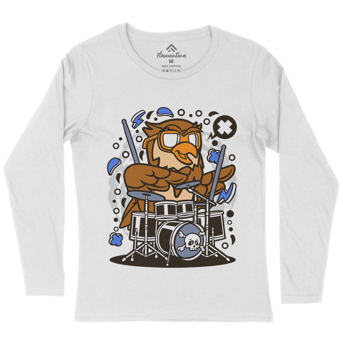 Owl Drummer Womens Long Sleeve T-Shirt Music C597