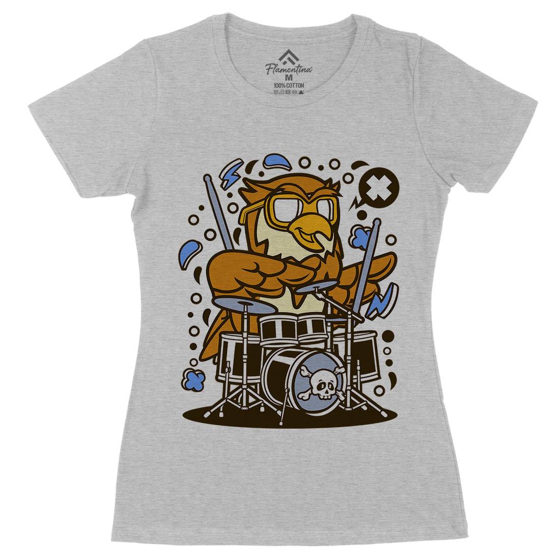 Owl Drummer Womens Organic Crew Neck T-Shirt Music C597