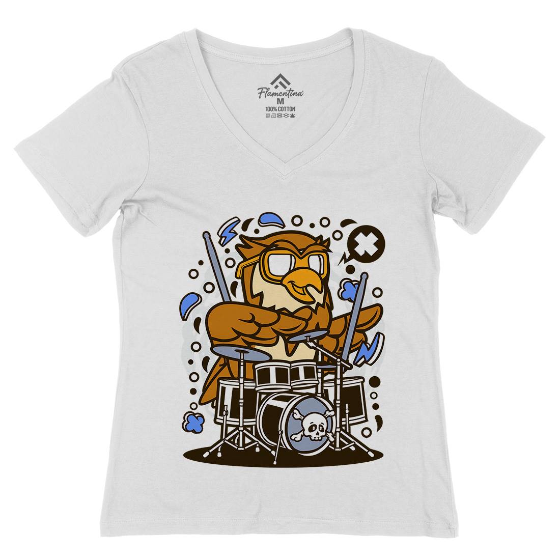 Owl Drummer Womens Organic V-Neck T-Shirt Music C597