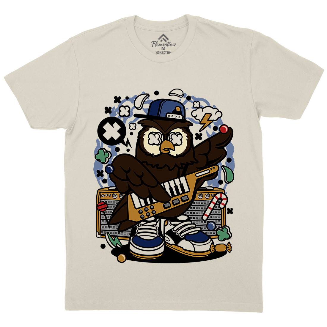 Owl Pop Star Mens Organic Crew Neck T-Shirt Music C599