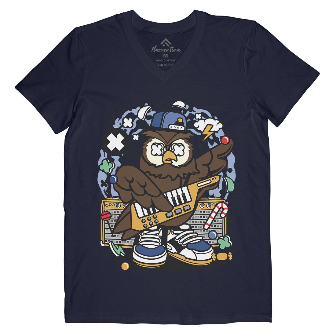 Owl Pop Star Mens Organic V-Neck T-Shirt Music C599
