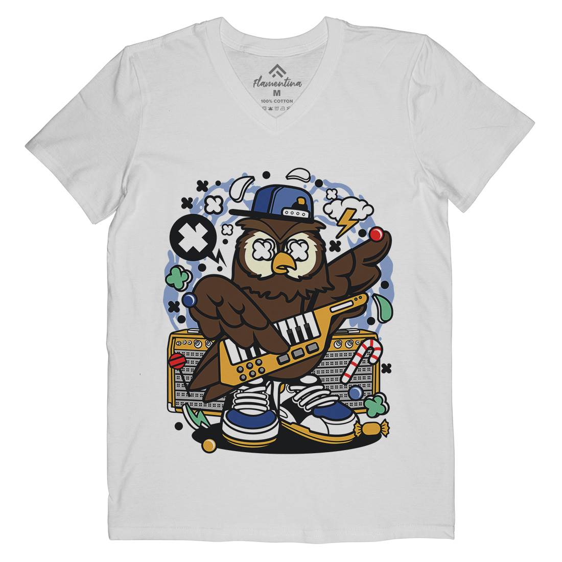 Owl Pop Star Mens V-Neck T-Shirt Music C599