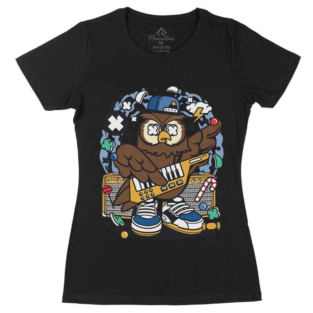 Owl Pop Star Womens Organic Crew Neck T-Shirt Music C599