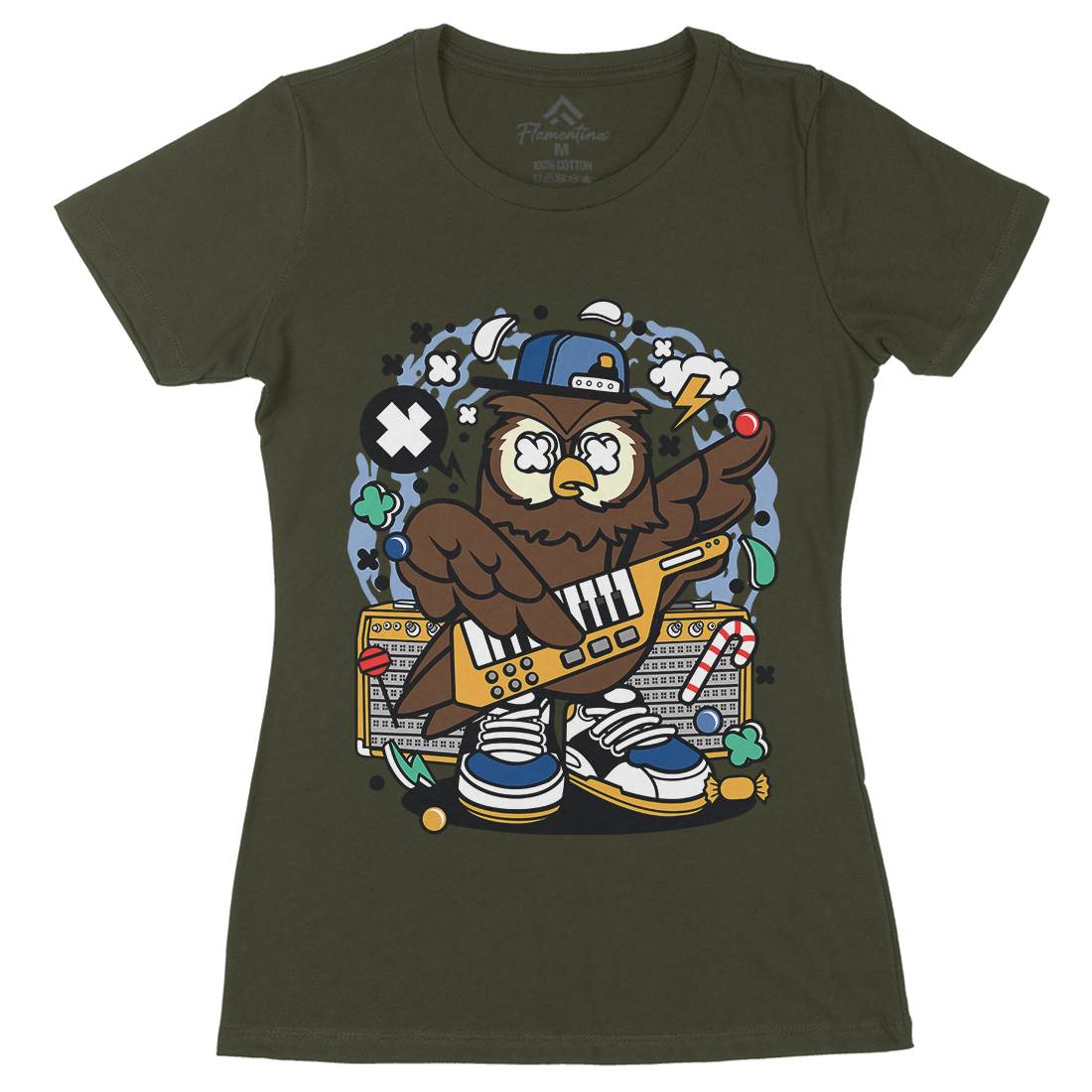 Owl Pop Star Womens Organic Crew Neck T-Shirt Music C599
