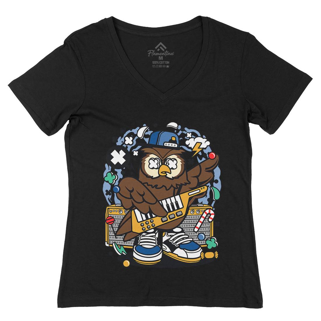 Owl Pop Star Womens Organic V-Neck T-Shirt Music C599
