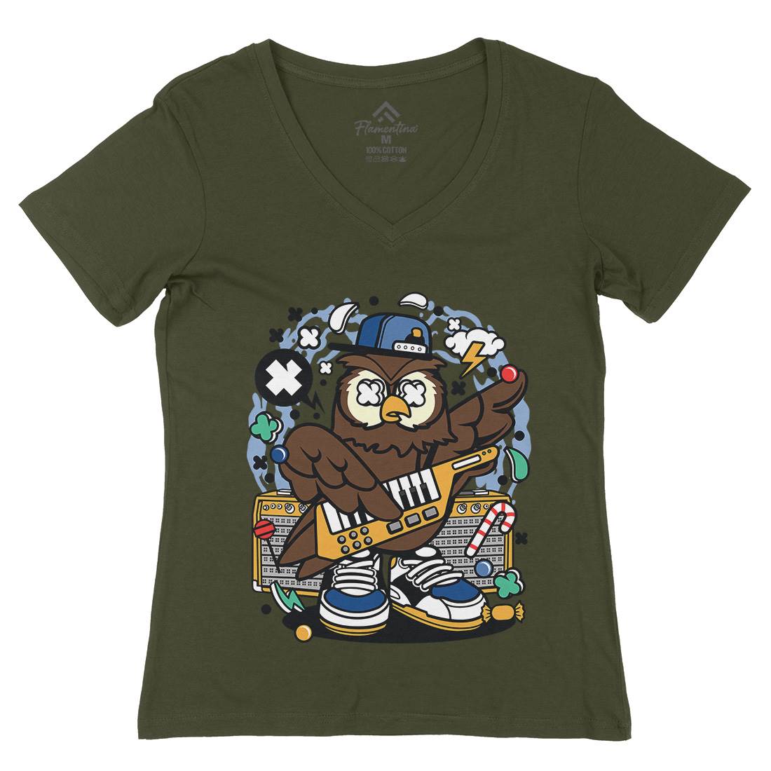 Owl Pop Star Womens Organic V-Neck T-Shirt Music C599
