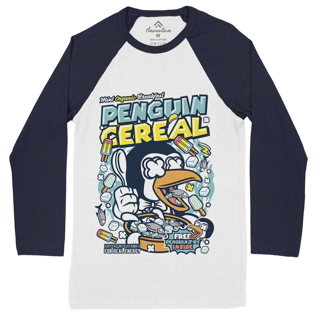 Penguin Cereal Box Mens Long Sleeve Baseball T-Shirt Food C602