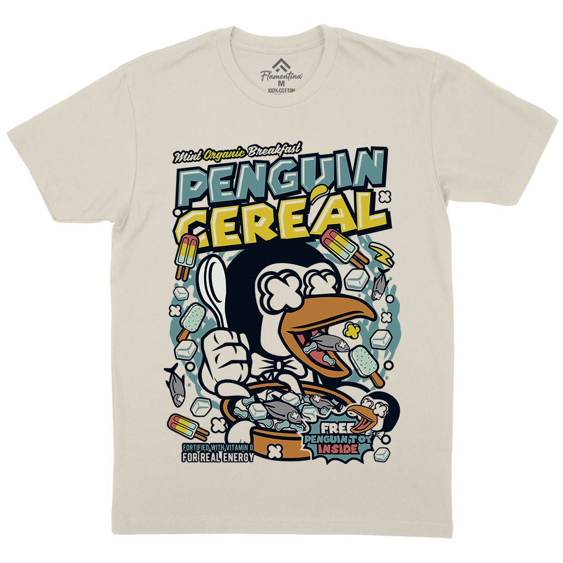 Penguin Cereal Box Mens Organic Crew Neck T-Shirt Food C602