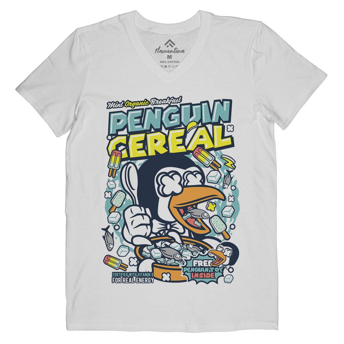 Penguin Cereal Box Mens Organic V-Neck T-Shirt Food C602