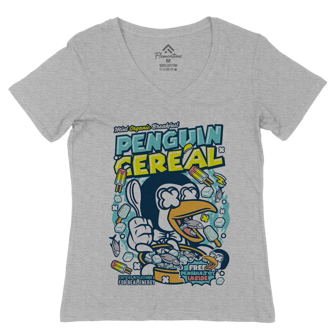 Penguin Cereal Box Womens Organic V-Neck T-Shirt Food C602