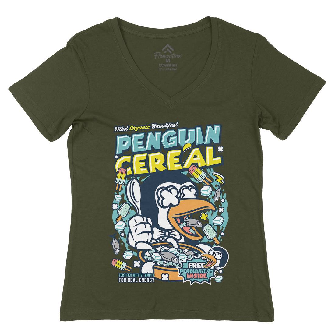 Penguin Cereal Box Womens Organic V-Neck T-Shirt Food C602