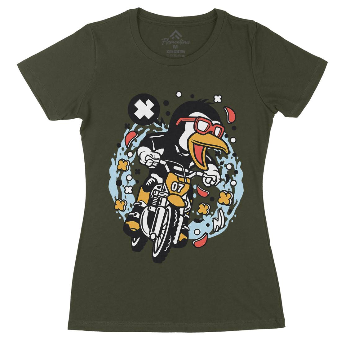 Penguin Motocross Rider Womens Organic Crew Neck T-Shirt Motorcycles C604